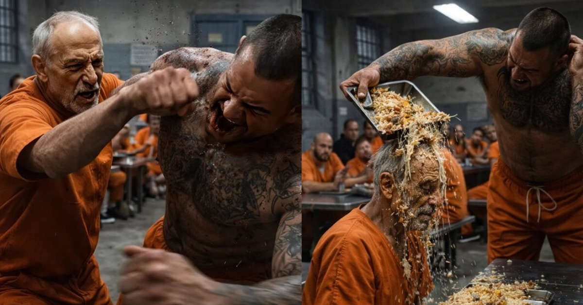 Inside the prison, an inmate known for his violent temper dumped an entire tray of food on the old man just because he refused to move. Everyone thought it would be just another routine show of dominance, until less than a minute later, the very man they had looked down on left the entire cell block dead silent, while the one who had just tried to assert himself stood frozen as everything suddenly turned around.