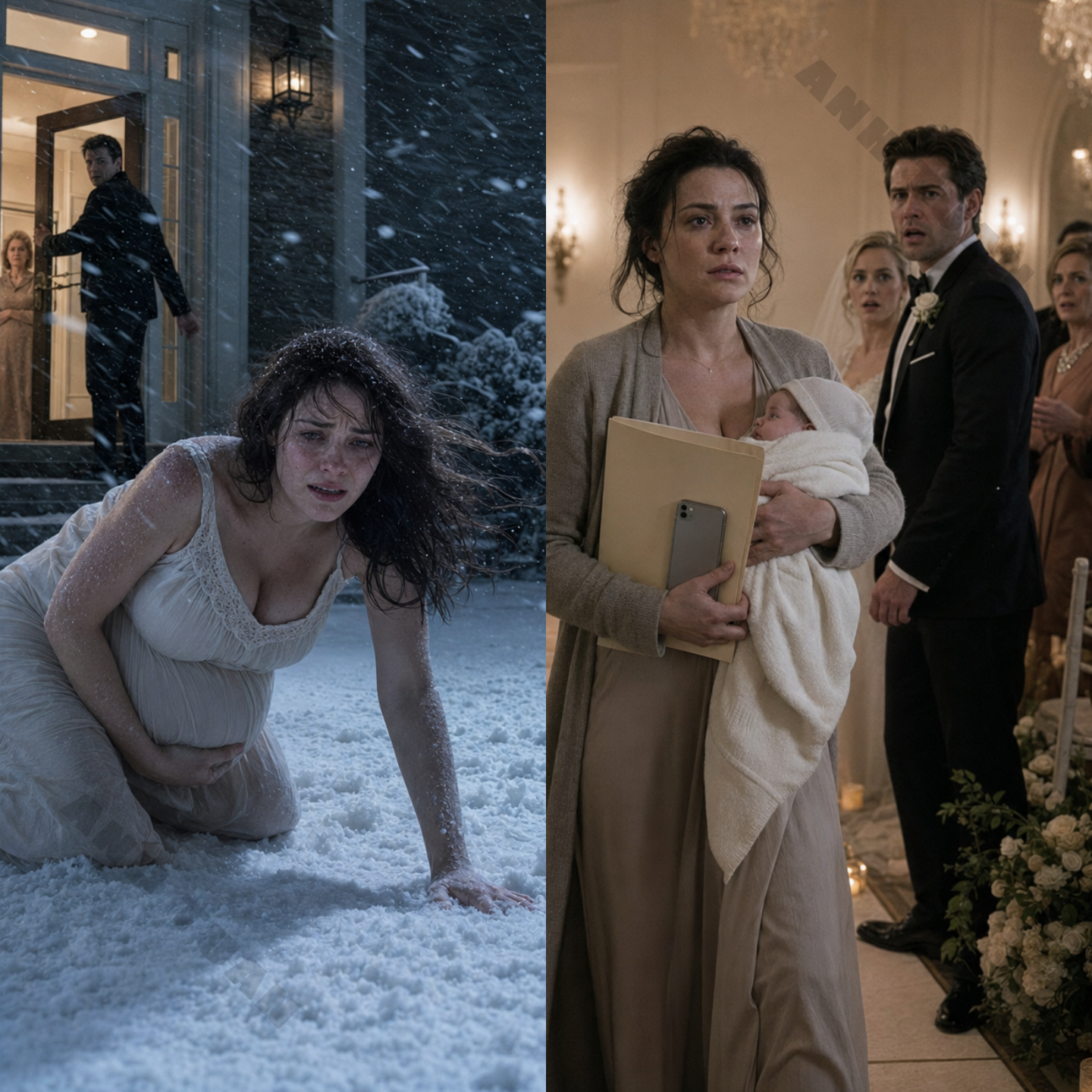 On a blizzard night, my husband pushed me out of the house while I was nine months pregnant. He believed the cold would bury both me and my unborn child. But I survived and gave birth in silence, then walked into his new wedding with the baby in my arms, carrying the truth that left the entire room speechless.