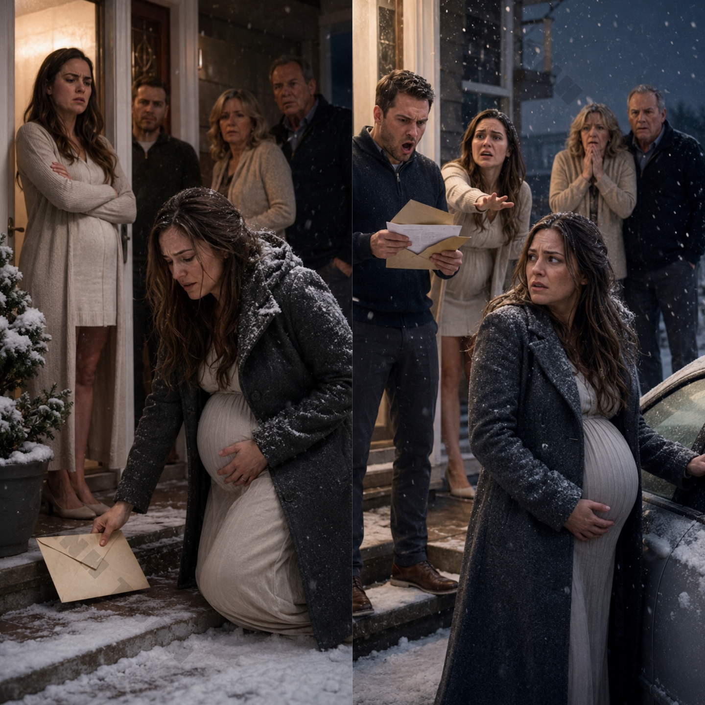 I was thrown out of the house into the snow while I was eight months pregnant. My sister-in-law told me to take that pregnant belly back to my parents’ house, while the whole family stood there watching as if I was not worth keeping. I did not cry or beg. I simply set something down at the door and said one sentence. Minutes later, they had to come back begging me to stop.