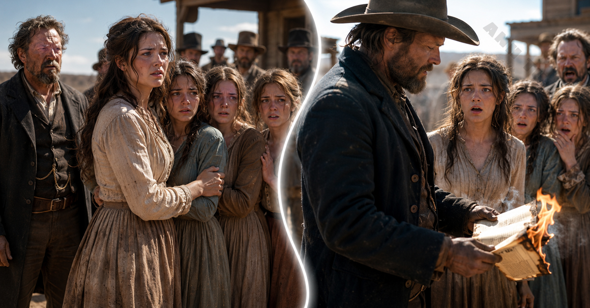 Four sisters were brought to an auction to pay off their heartless uncle’s gambling debt, under the cold eyes of the entire town. Then a grief-hardened rancher stepped forward and laid down $100 for all four of them. But what made the auction fall silent was when he quietly burned every paper right in front of them.