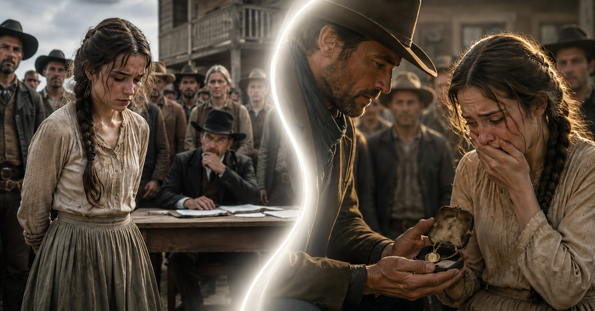 The whole town thought she was about to be bargained over like property, until the cowboy placed his hand on the paper and said, “I don’t buy wives.” The girl lowered her head, too afraid to hope one more time. But instead of signing his name, he placed a gift in front of her that made her cry, while everyone who had once looked down on her went silent.