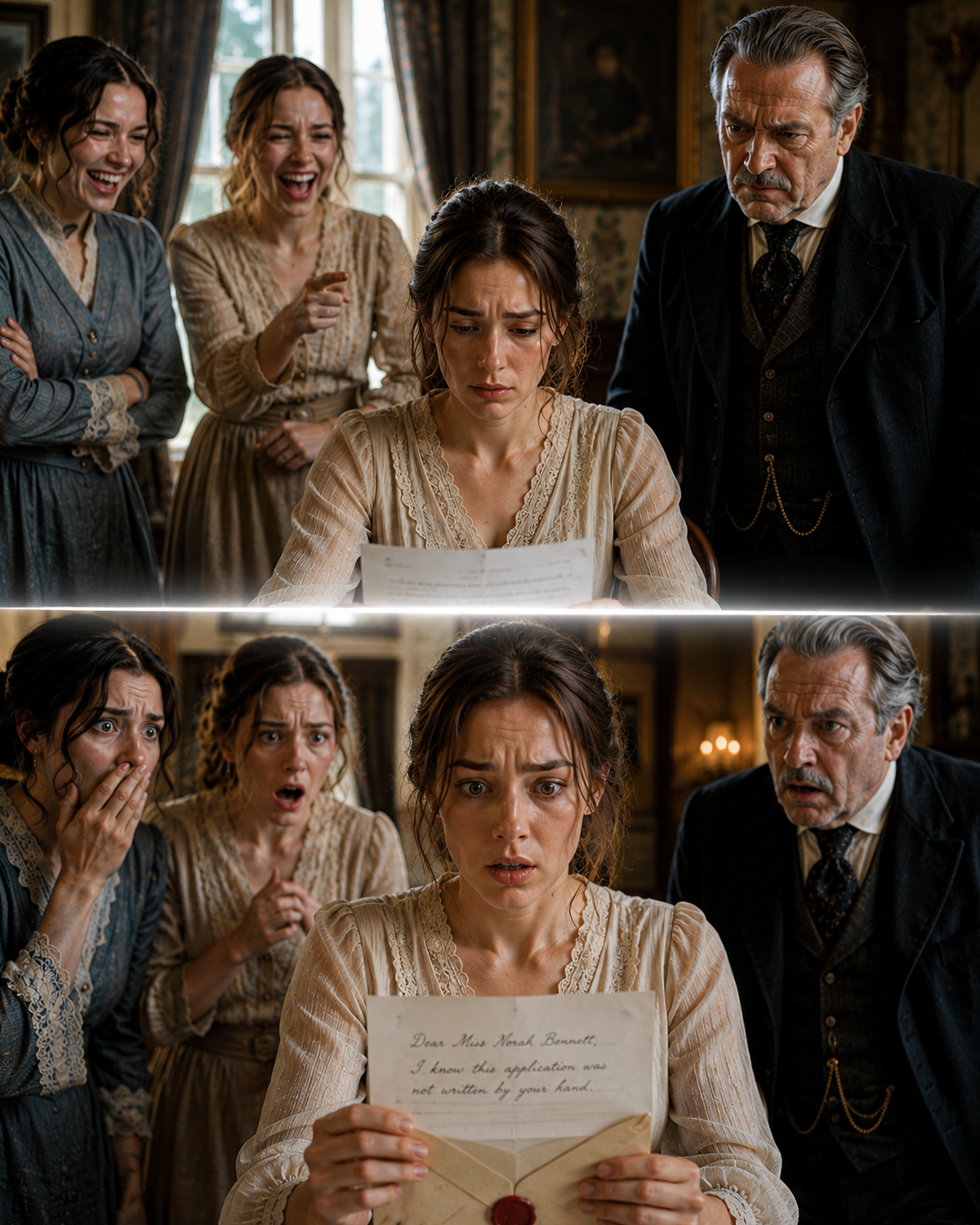 Her sisters thought a fake mail-order marriage application would be the most humiliating joke of her life. They secretly used her name, sent it to a strange rancher, and waited for a reply that would make her unable to lift her head in front of the whole family. But his response letter arrived immediately, and the very first line made the entire house fall silent.
