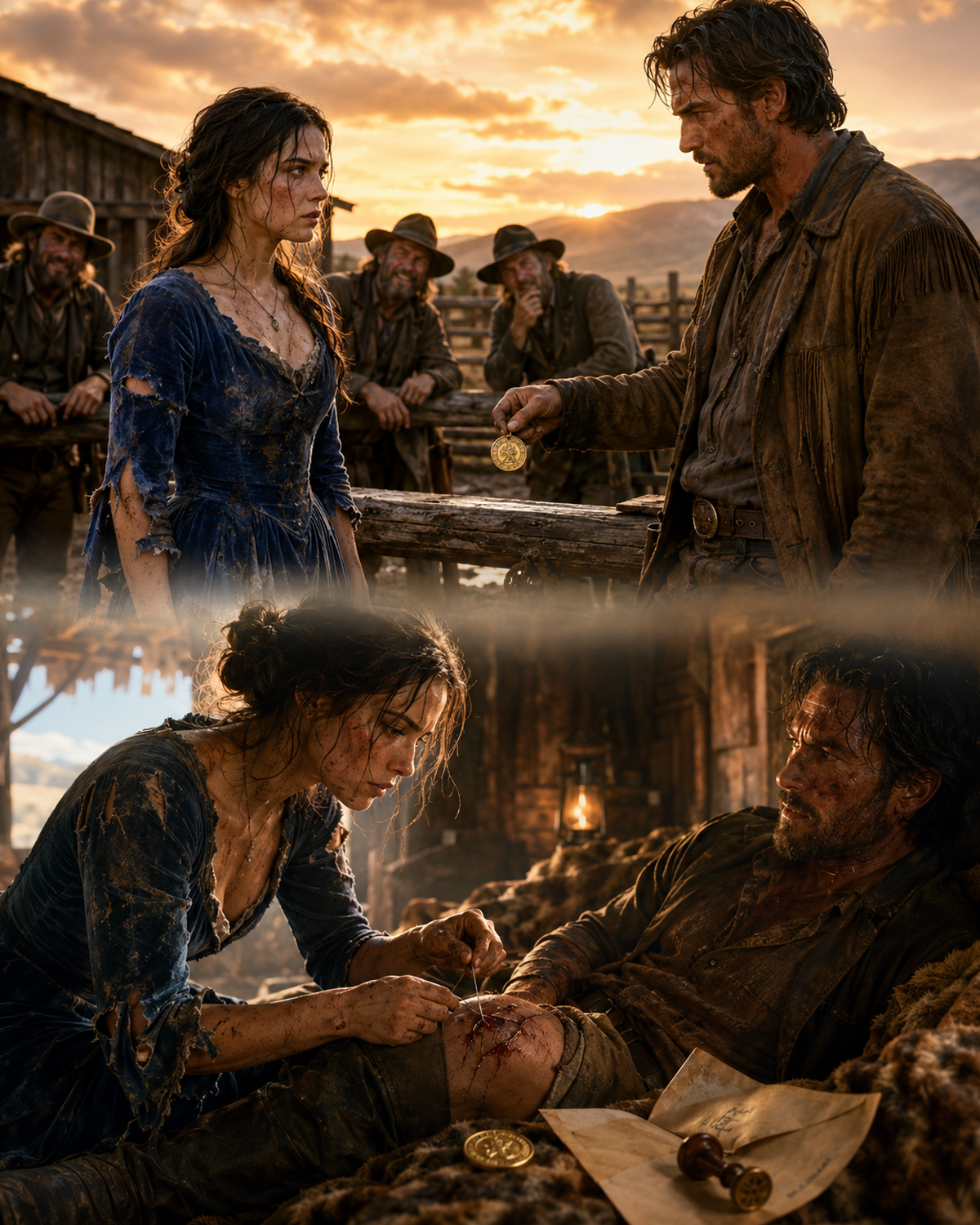 He bet a Gold Eagle coin that she would quit before sundown, because the whole town believed she was too weak to last on that harsh ranch. But when the night stretched into dawn, her hands were still there, quietly stitching the wound of the man who had once looked down on her, and discovering the thing he had tried to hide for years.