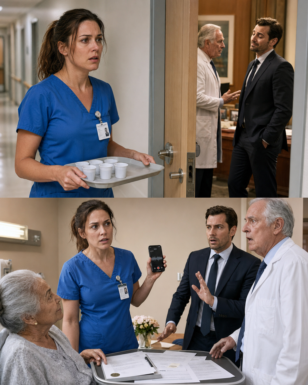 She was only carrying a tray of medication to the hospital director’s office when she heard her own husband say behind the door, “She’s just a nurse, easy to fool.” But what almost made her drop the tray was not the insult. It was the plan they were discussing to make her take the fall.